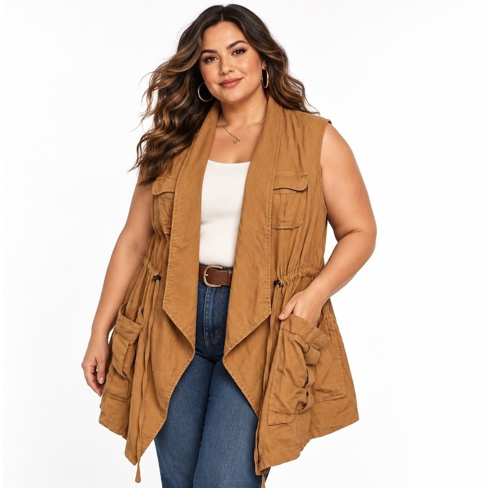 Torrid Womens Plus Size 3 Ginger Brown Linen Blend Utility Draped Open Vest
